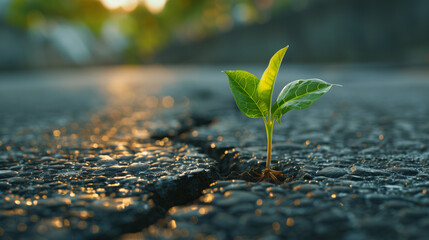 Small Green Plant Sprout Growing out of Crack in Asphalt Road. Environmental Problems, Urbanization, Hope, and New Beginnings Concepts. - obrazy, fototapety, plakaty
