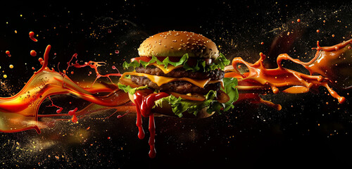 A classic cheeseburger in flight, surrounded by splashes of ketchup and mustard, vivid