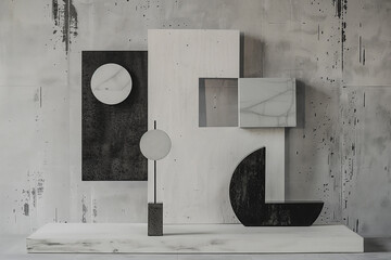 A minimalist composition with geometric shapes in shades of grey, black, and white, showcasing the simplicity and elegance of suprematism.