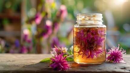 A jar of honey infused with bee balm flowers