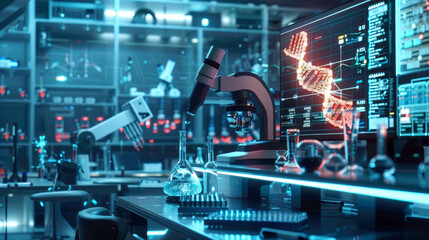 A high-tech laboratory with AI-driven robots engaged in precise gene editing, surrounded by digital data screens and molecular models.