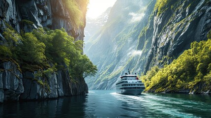 Cruise ship navigating through a narrow Norwegian fjord, towering rock walls.