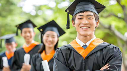 Smiling Asian graduates in caps and gowns outdoors, exuding pride and optimism for the future.
