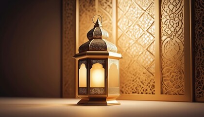 Ramadan Kareem greeting card. Arabic lanterns with blurred background.