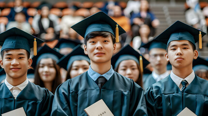 Happy Asian graduates at a ceremony, poised with diplomas, ready to embark on their future endeavors.

