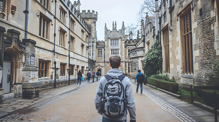Obraz premium A student with a backpack walking through the cobblestone paths of an ancient university, surrounded by historic architecture. 