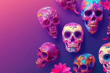 Purple background with different skulls on it, colorful arrangements, mexican muralism, light pink and blue. Day of the Dead celebration, copy space.