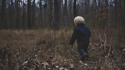 A small toddler boy wanders alone through a forest with fallen leaves, evoking a sense of discovery.
