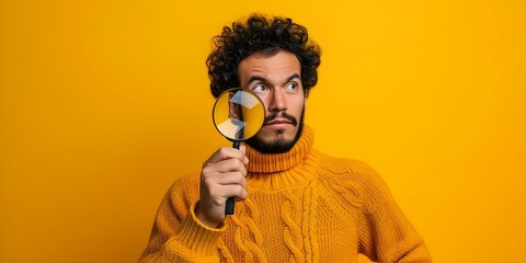 Exploring with a Magnifying Glass: Curious Man in a Sweater on a Yellow Backdrop. Concept Exploration, Magnifying Glass, Curious Man, Sweater, Yellow Backdrop - obrazy, fototapety, plakaty