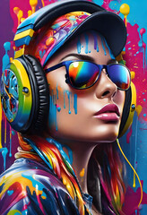 The girl listens to music, graffiti
