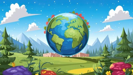 Naklejka premium 2d vector cartoon illustration colorful earth logo , painting style , cloud