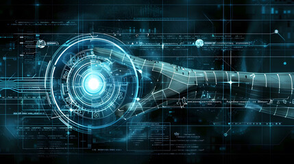 Abstract futuristic technology interface with a dynamic blue holographic image and digital data concept.
