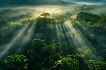 A breathtaking vista of a lush, green forest canopy from above, with rays of sunlight piercing through the mist at dawn, symbolizing the natural beauty and resilience of our planet on Earth Day. - obrazy, fototapety, plakaty