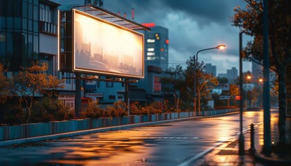 City Street at Night With Large Billboard