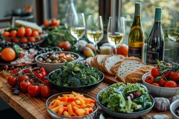 A rich display of fresh vegetables, bread, wine, and olives set for a sumptuous vegetarian meal