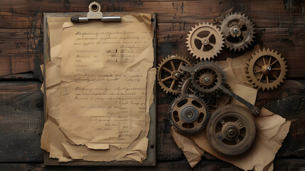 Antique mechanical gears arranged next to aged engineering documents on a rustic wooden table.

