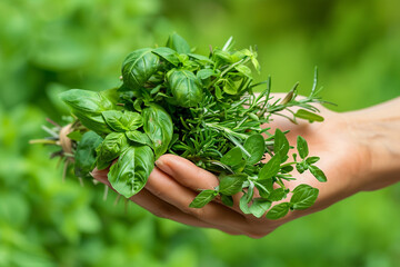 Naklejka na ściany i meble A hand delicately holding a bundle of fresh, aromatic herbs (basil, rosemary, thyme), with the focus on the diverse textures and green hues