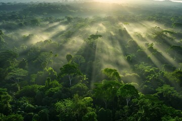 A breathtaking vista of a lush, green forest canopy from above, with rays of sunlight piercing...