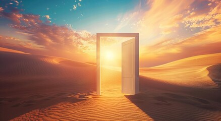 Opened door on desert. Unknown and start up concept. This is a 3d illustration 
