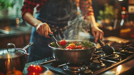 Person cooking ripe cherry tomatoes in a frying pan over a gas stove with visible flame, in a home kitchen. - obrazy, fototapety, plakaty