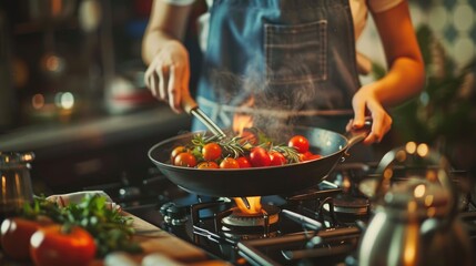 Cooking ripe cherry tomatoes in a frying pan over a gas stove in a home kitchen, a person is seen with a visible flame. - obrazy, fototapety, plakaty