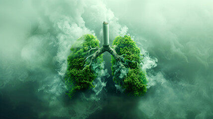 Breath of Destruction Lungs green trees amidst the smog Important symbols pollution affecting health. dangers smoking harmful internal organs