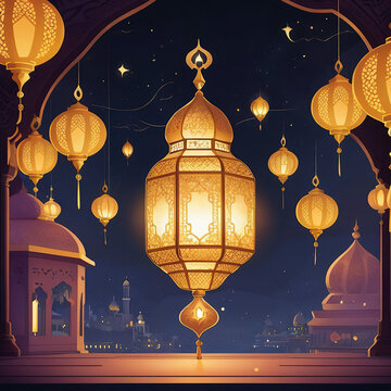 Ramadan Kareem greeting card. Ramadan Kareem background with mosque and lantern.