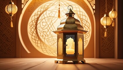 Ramadan Kareem greeting card. Arabic lanterns with blurred background.