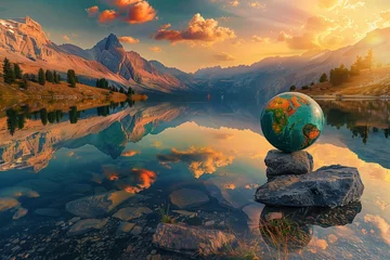 Papier Peint photo Réflexion A captivating image of a globe set against the backdrop of a breathtaking mountain range, with a crystal-clear lake in the foreground reflecting the entire scene.
