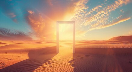  Opened door on desert. Unknown and start up concept. This is a 3d illustration 