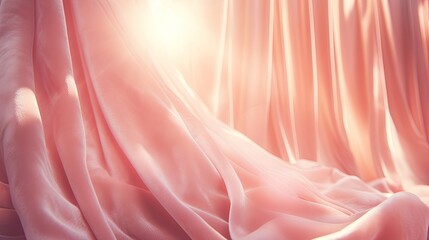 Dreamy image of a pastel-pink curtain on a sunlit window, interior abstract background