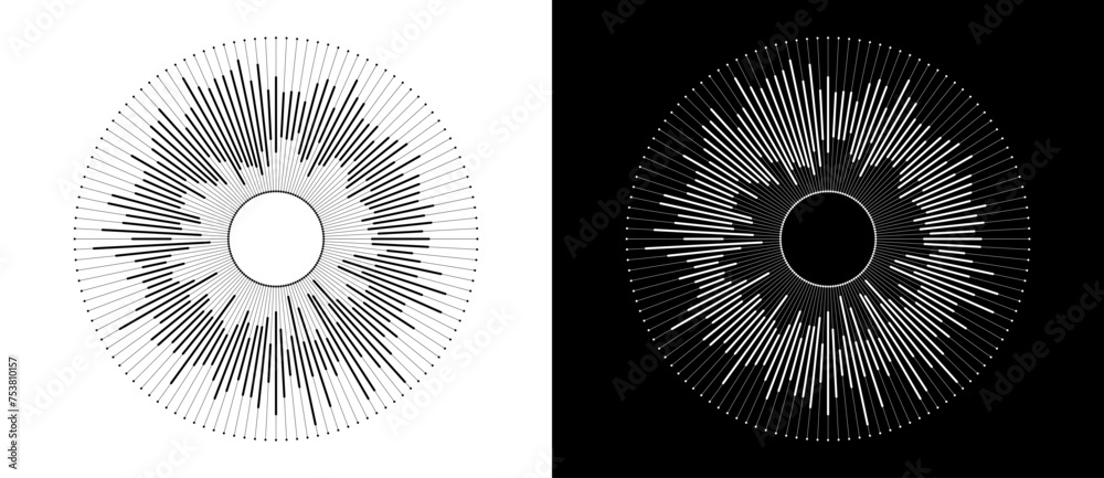 Fototapete Circle with lines and dots as dynamic abstract vector background or logo or icon. Big Data concept. Black shape on a white background and the same white shape on the black side.