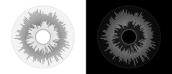 Circle with lines and dots as dynamic abstract vector background or logo or icon. Big Data concept. Black shape on a white background and the same white shape on the black side. - 753810157