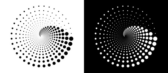 Modern abstract background. Halftone dots in circle form. Spiral logo, icon or design element. Black dots on a white background and white dots on the black side. - 753810198