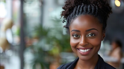 smile and a confident business black woman closeup in an office with a mindset of ambition. Face