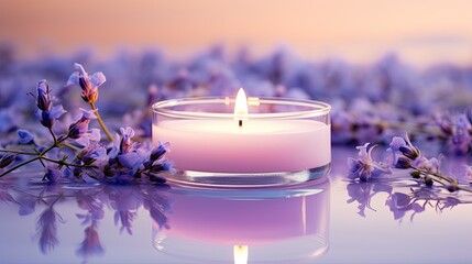 Natural SPA and Zen concept, white burning candle in water, lavender flowers