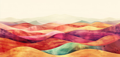 A digital watercolor scene of a desert with swirling burgundy sands against a pale lime dusk sky - obrazy, fototapety, plakaty