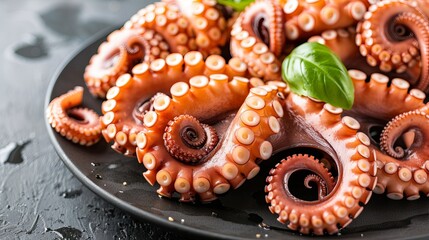 Delicious octopus tentacles served in a light-colored kitchen while being cooked on a dark plate on a table with a green leaf against a gray background.