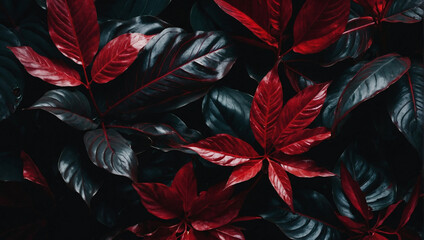 Textures with abstract crimson leaves for an intense and tropical flat lay. Dark nature concept, tropical leaf.