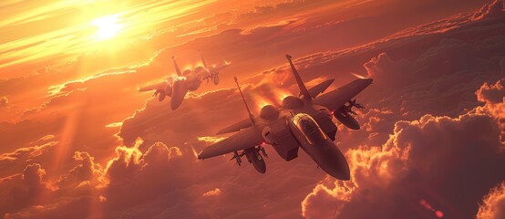 Dramatic scene of a fighter jet squadron flying together against a vivid sunset