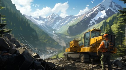 A work crew is excavating in the mountains
