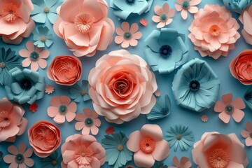 Vibrant Paper Crafted Flowers in Full Bloom on Turquoise Background