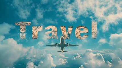 Airplane Soaring Above the Clouds with the Word Travel Striking Photo-Realistic Image