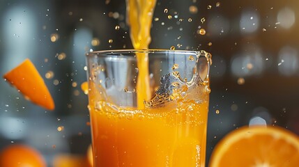 A glass of freshly squeezed orange juice being poured