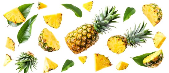 Bright and Colorful Pineapple Slices on White - obrazy, fototapety, plakaty