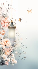 Ramadan kareem and eid fitr islamic concept background lantern illustration in watercolor painting style for wallpaper, poster, greeting card and flyer. Wedding invitation style.