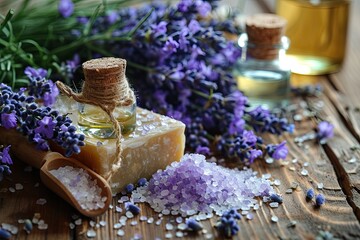 Obraz na płótnie Canvas Lavender, oil essence, handmade soap and sea salt on a wooden background