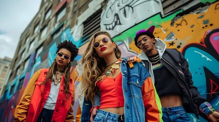 Colorful Hip Hop Fashionistas in Front of Graffiti Wall, To provide a unique and creative stock photo that showcases a blend of hip hop fashion and