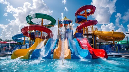 Colorful Water Park with Slides and Pools