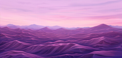 A digital watercolor vista of a desert with flowing burgundy sands beneath a soft violet dusk sky - obrazy, fototapety, plakaty